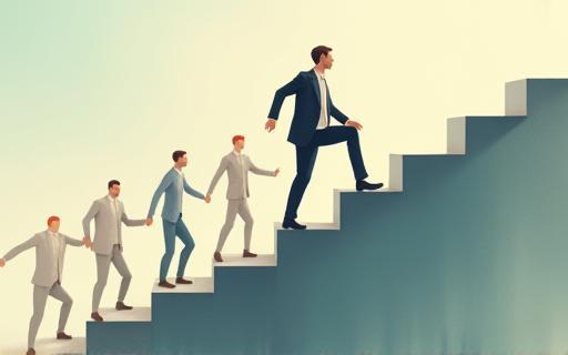 Illustration of a figure climbing steps ahead of others, symbolizing staying ahead